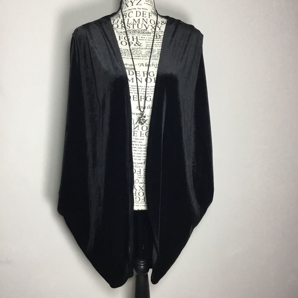 Black velvet duster cardigan short sleeve rounded hem witchy witchcore flowy L